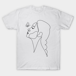 Woman Looking at a Butterfly | One Line Drawing | One Line Art | Minimal | Minimalist T-Shirt